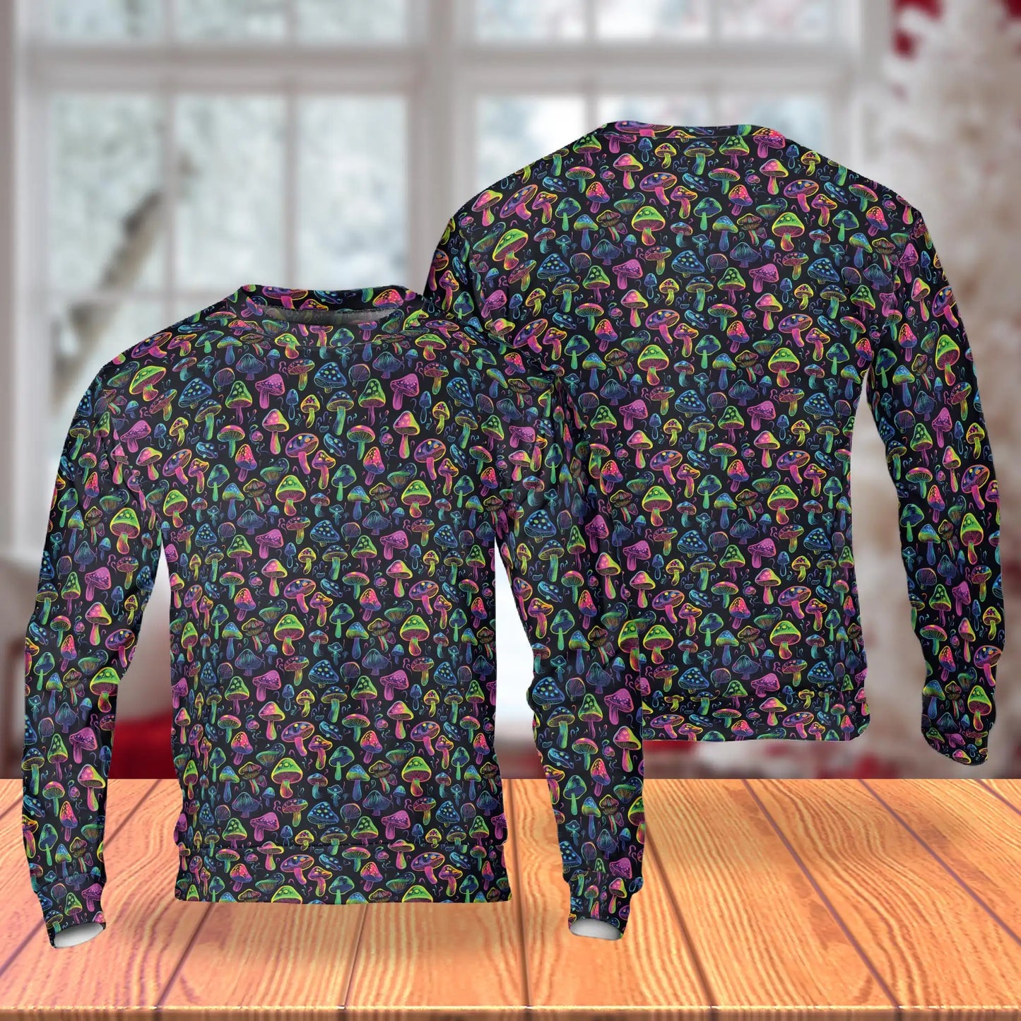 Neon Mushroom Sweatshirt, 3D All Over Print Psychedelic Fungi Crewneck Pullover for Men Women, Trippy Mushroom Lover Gift - Netecom