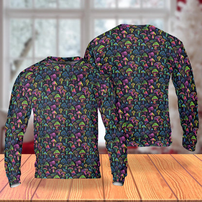 Neon Mushroom Sweatshirt, 3D All Over Print Psychedelic Fungi Crewneck Pullover for Men Women, Trippy Mushroom Lover Gift - Netecom