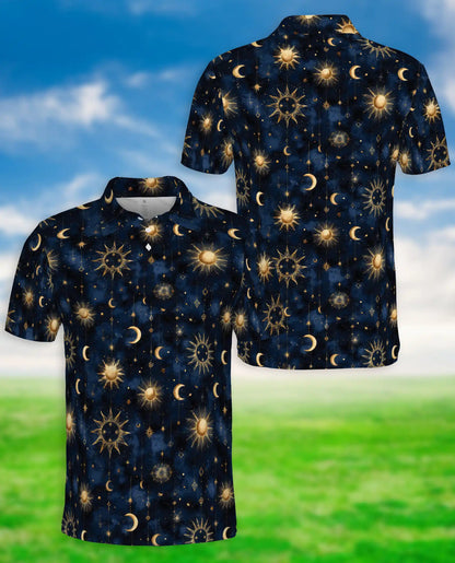 Celestial Sun Moon Polo Shirt for Men- Starry Night Pattern | Netecom