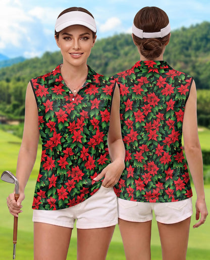 Poinsettia Pattern Sleeveless Polo Shirt for Women | Netecom