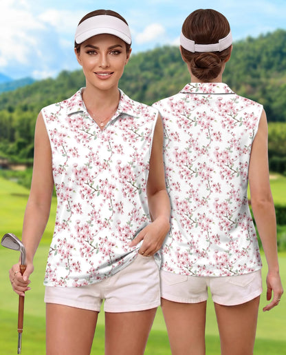 Cherry Blossom Sleeveless Polo Shirt for Women – Elegant Floral Spring Style | Netecom