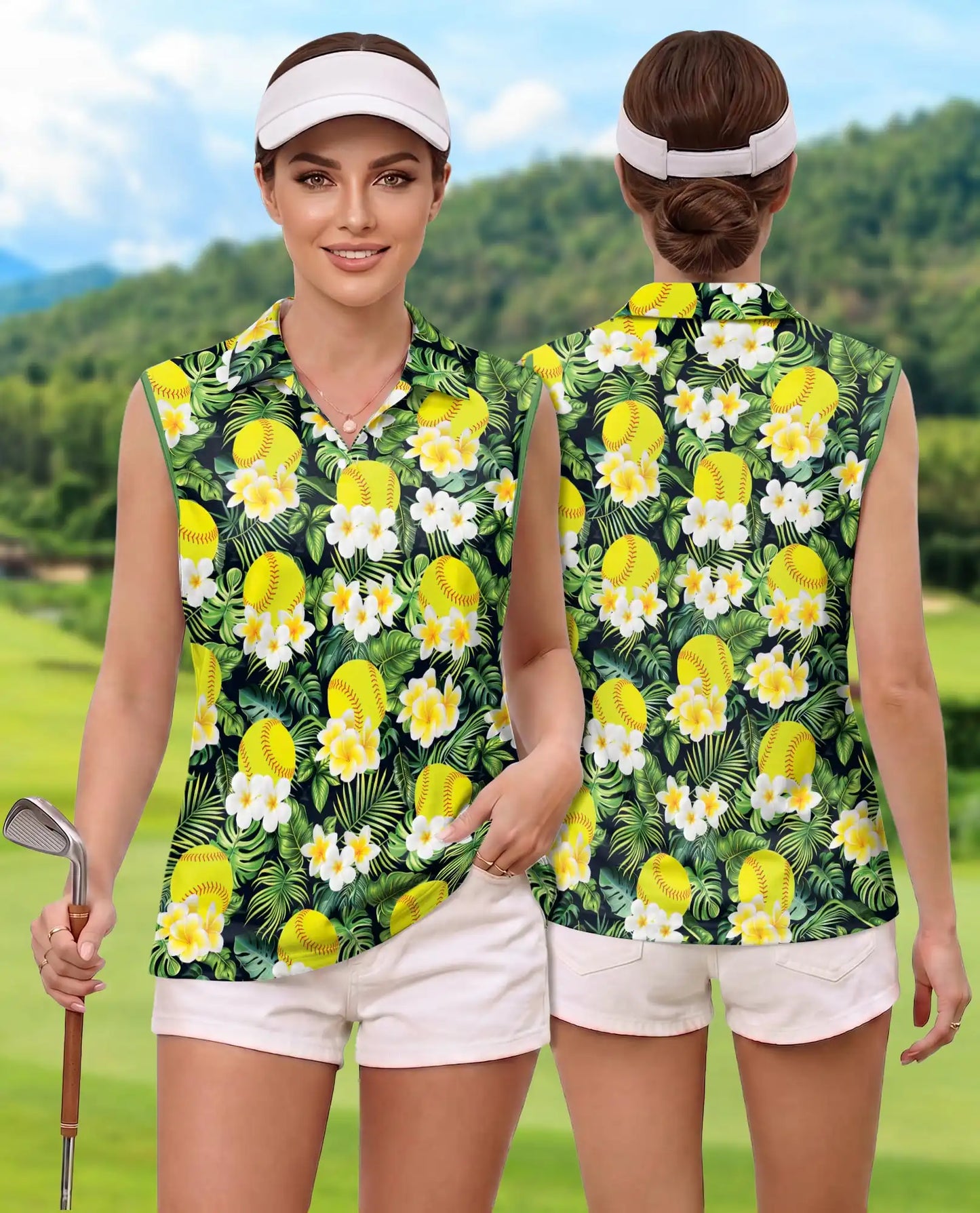 Yellow Softball And Plumeria Print Sleeveless Polo Shirt for Women  | Netecom