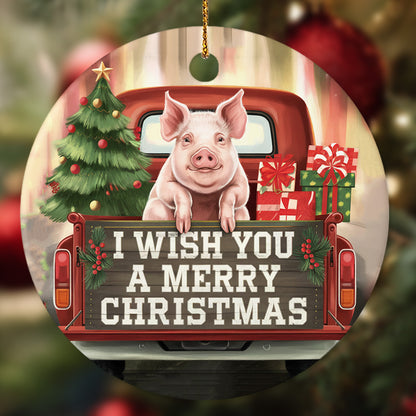 Netecom Funny Pig in Red Truck Ornament, I Wish You a Merry Christmas Ceramic Ornament for Christmas Tree Hanging Decorations Gift, Farm Animal Lover Gifts, Holiday Party Present