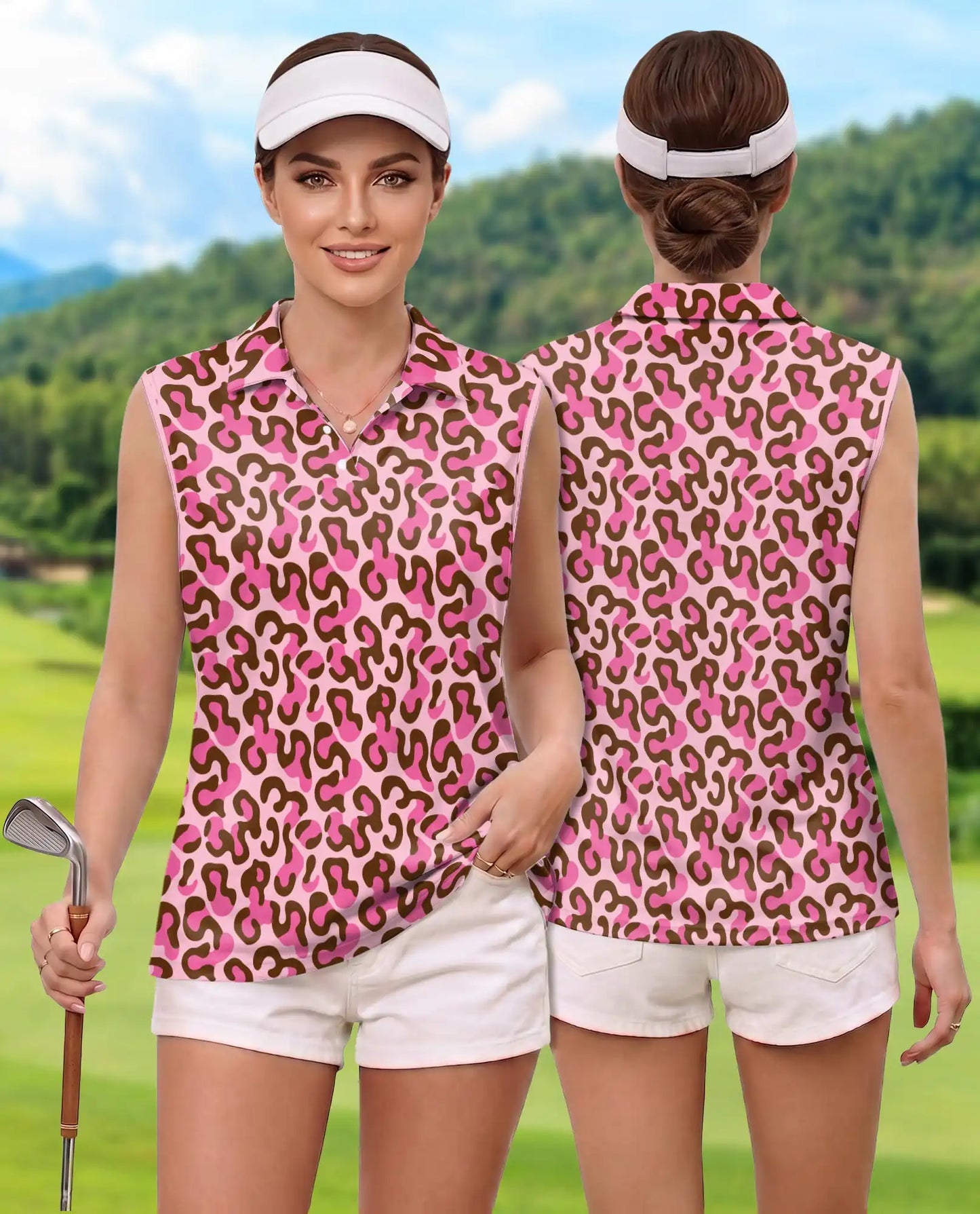 Pink Cheetah Print Sleeveless Polo Shirt for Women – Bold Animal Fashion Style | Netecom
