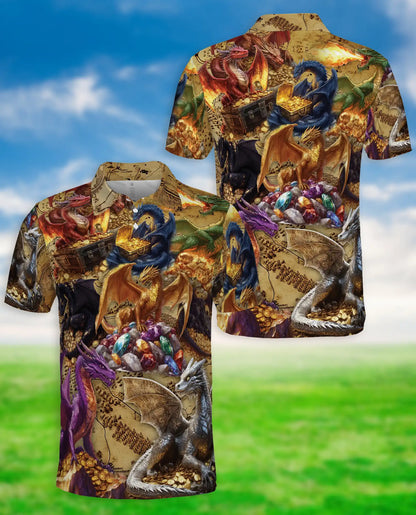 Dragon Treasure 3D Polo Shirt for Men – Fantasy Gold Hoard Art Style | Netecom