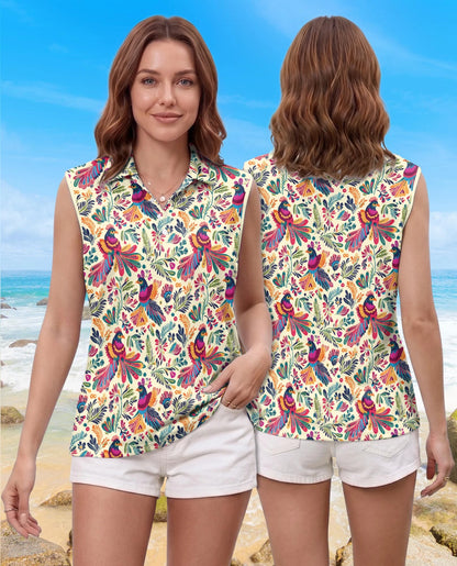 Folk Art Tropical Bird Sleeveless Polo Shirt for Women | Netecom