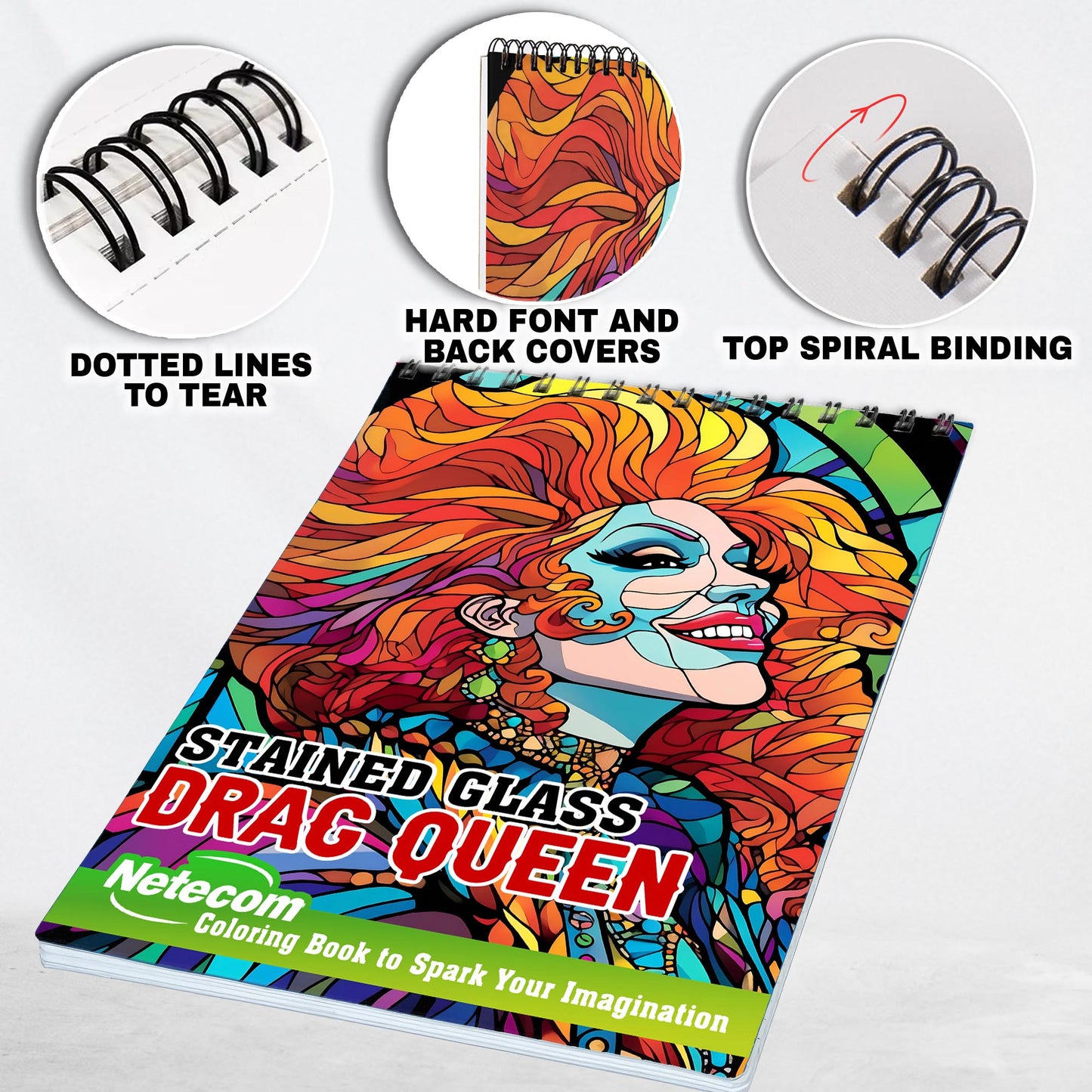 Stained Glass Drag Queen Spiral Bound Coloring Book, Embark on a Dazzling Coloring Adventure with 30 Stained Glass-Inspired Illustrations of Drag Queens, Fostering Empowerment and Glamour