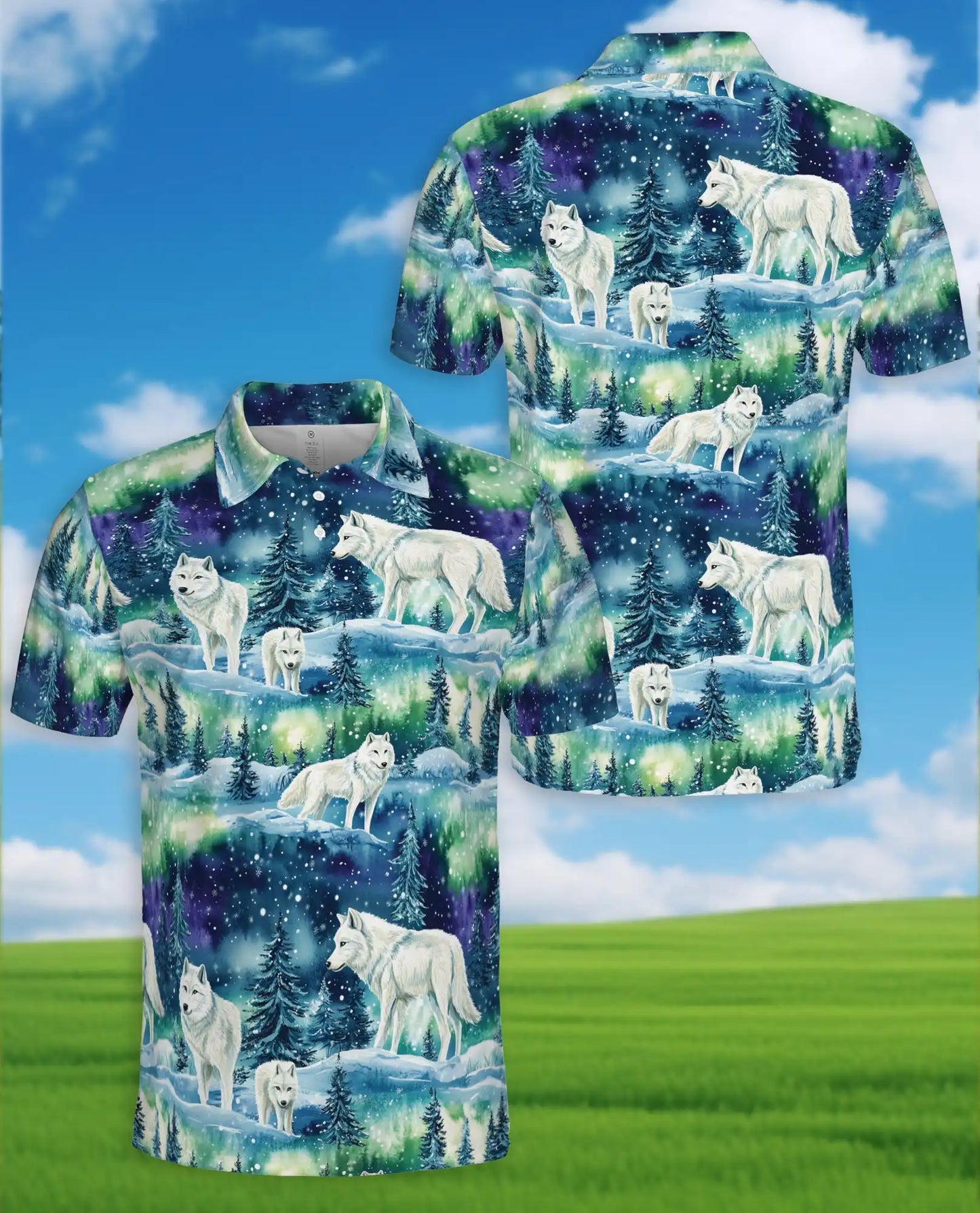 Wolf Aurora Polo Shirt – Northern Lights Winter Scene | Netecom