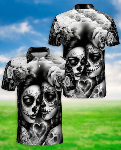 Sugar Skull Couple Polo Shirt – Gothic Rose Print | Netecom