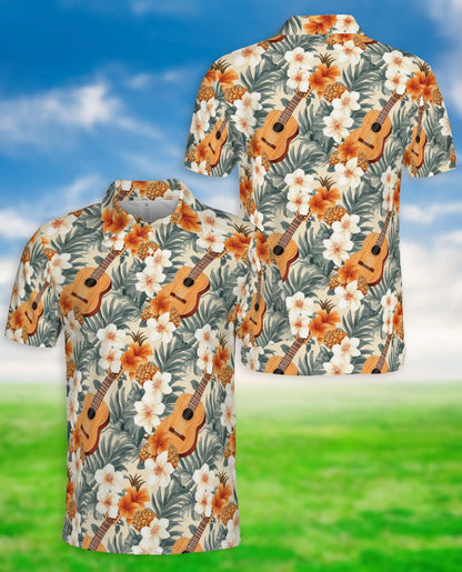 Tropical Ukulele Polo Shirt for Men-Print Hibiscus Pineapple | Netecom