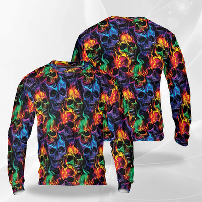Flame Skull Sweatshirt, 3D All Over Print Fire Skull Crewneck Pullover for Men Women, Biker Gothic Skull Lover Gift - Netecom