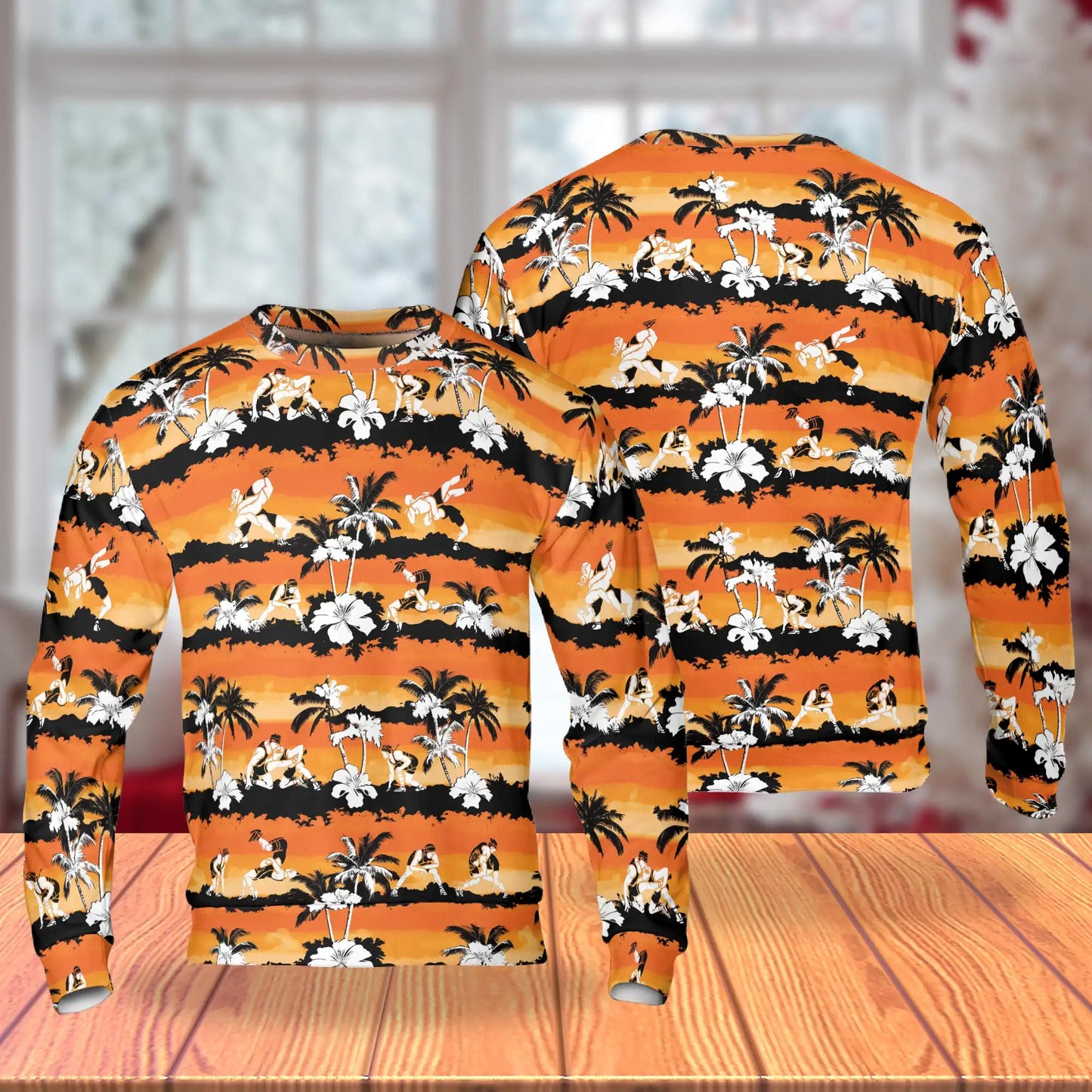 Wrestling Hibiscus Sweatshirt, 3D All Over Print Orange Floral Wrestling Crewneck Pullover for Men Women, Wrestler Gift - Netecom