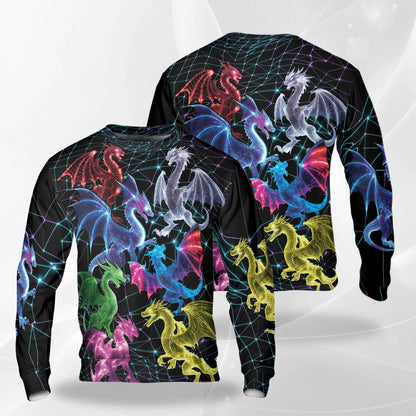 Neon Wireframe Dragon Pattern Sweatshirt, 3D All Over Print Futuristic Cyber Dragon Crewneck Pullover for Men Women, Dragon Lover Gift - Netecom