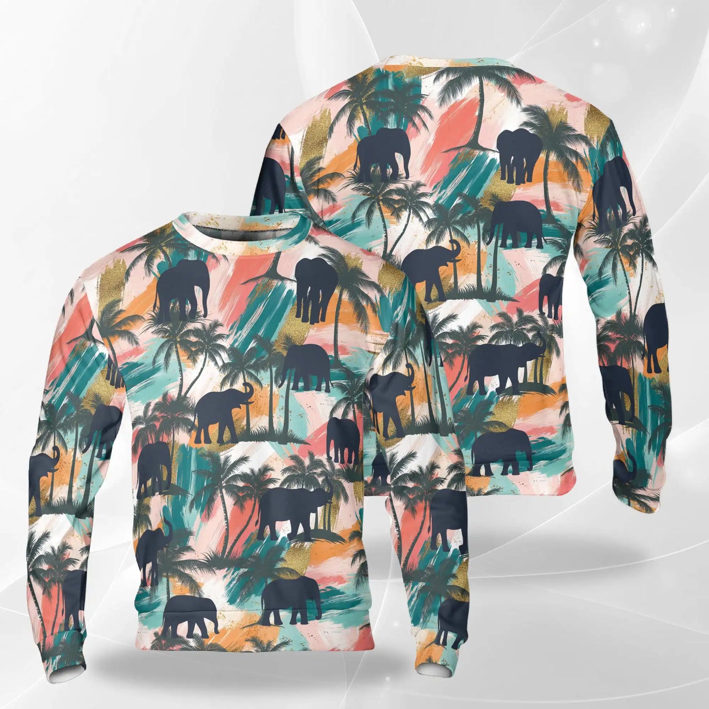 Elephant Coconut Palm Sweatshirt, 3D All Over Print Tropical Animal Crewneck Pullover for Men Women, Elephant Lover Gift - Netecom