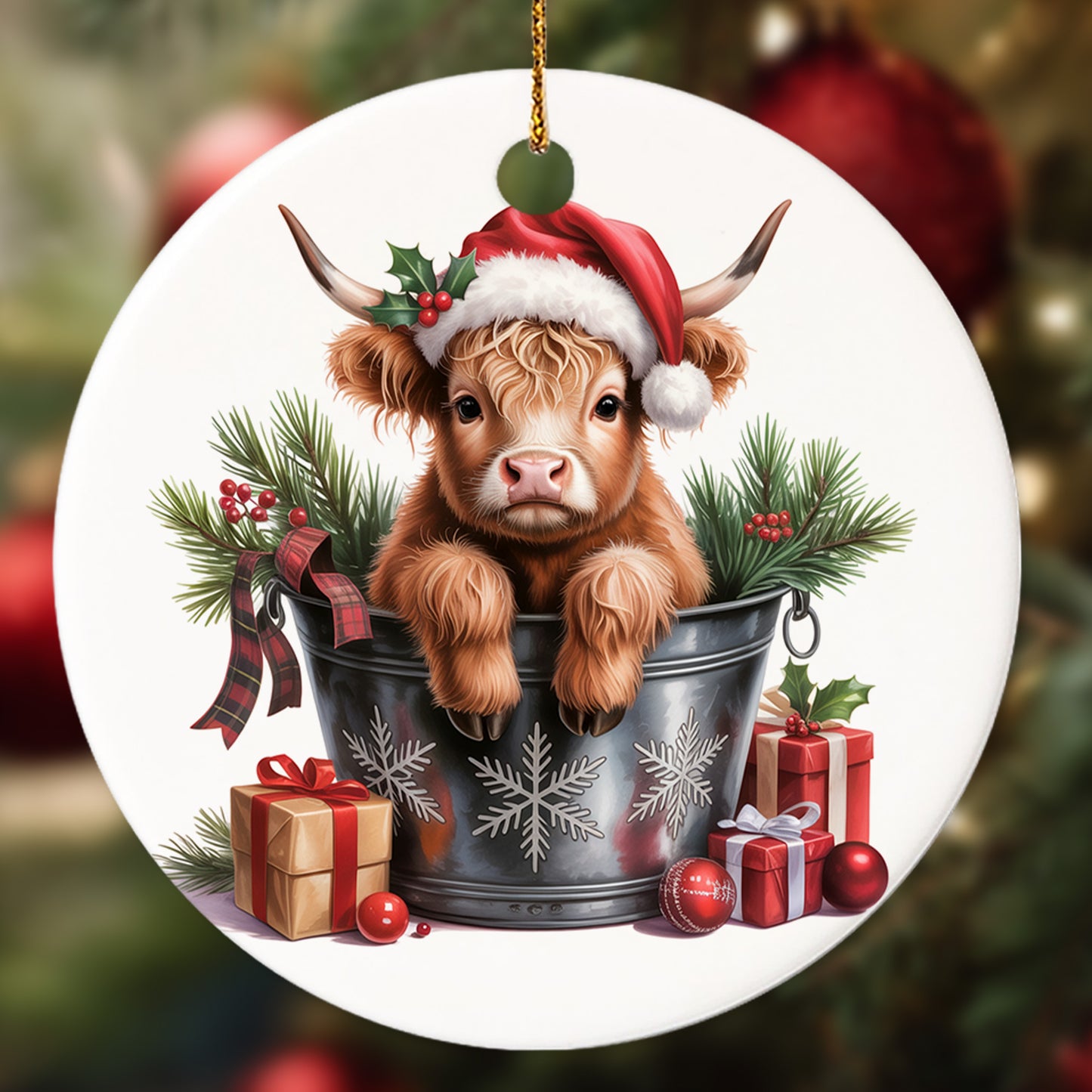 Netecom Funny Highland Cow in Bucket Ornament, Highland Cow Christmas Ceramic Ornament for Xmas Tree Hanging Decorations Gift, Farmhouse Decor, Gifts for Famer, Holiday Party Present