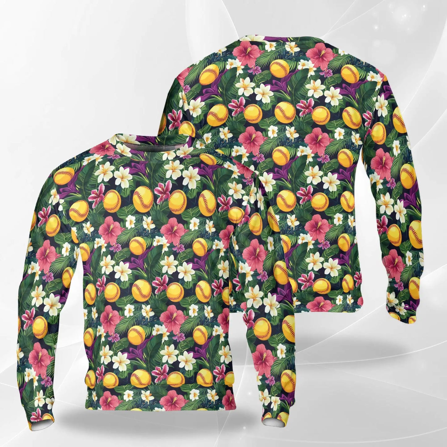 Softball Tropical Leaves and Flowers Sweatshirt, 3D All Over Print Floral Sports Crewneck Pullover for Men Women, Softball Lover Gift - Netecom