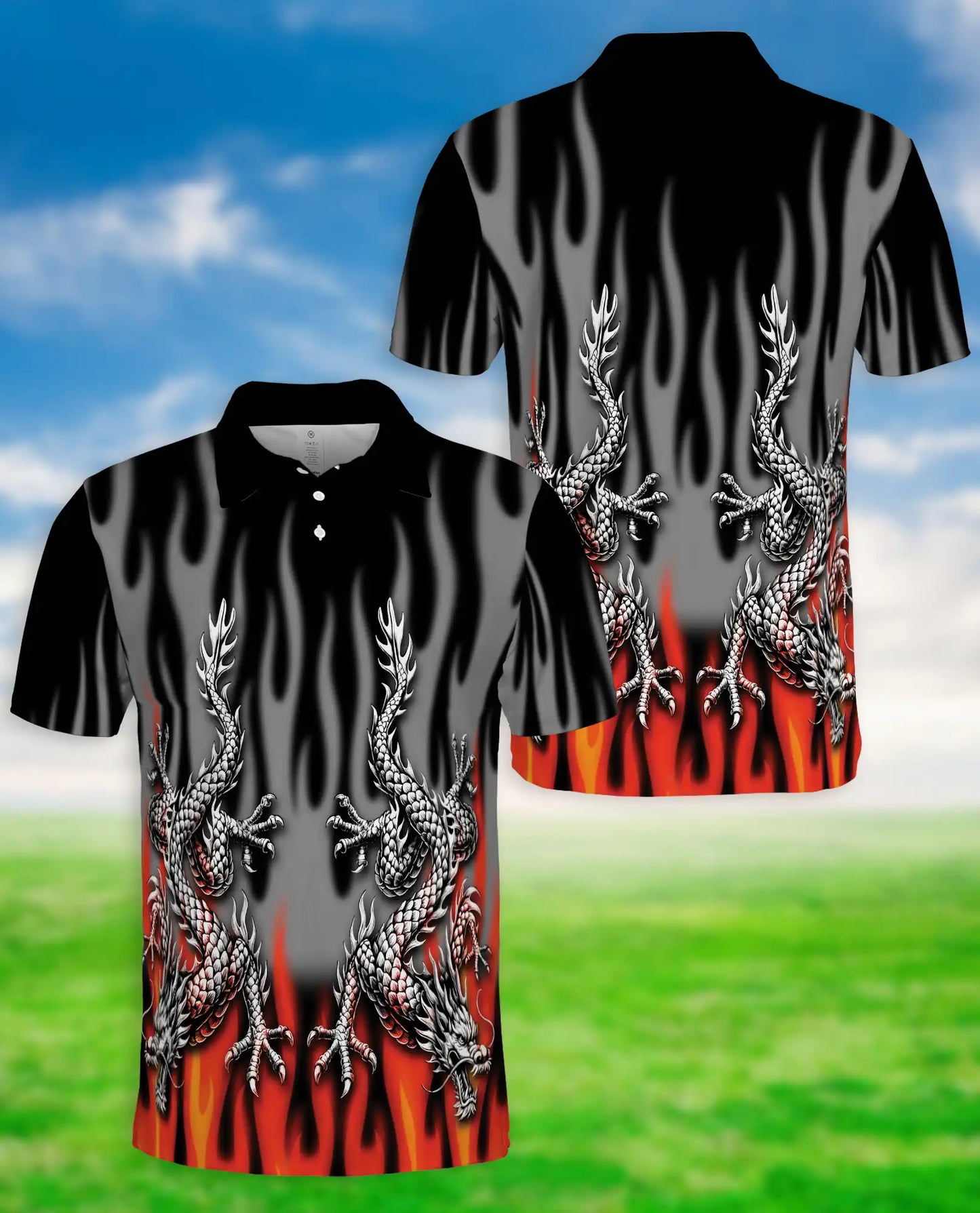 Tribal Dragon Polo Shirt – Silver Dragon Flame Artwork | Netecom
