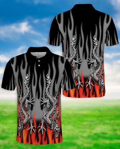 Tribal Dragon Polo Shirt – Silver Dragon Flame Artwork | Netecom