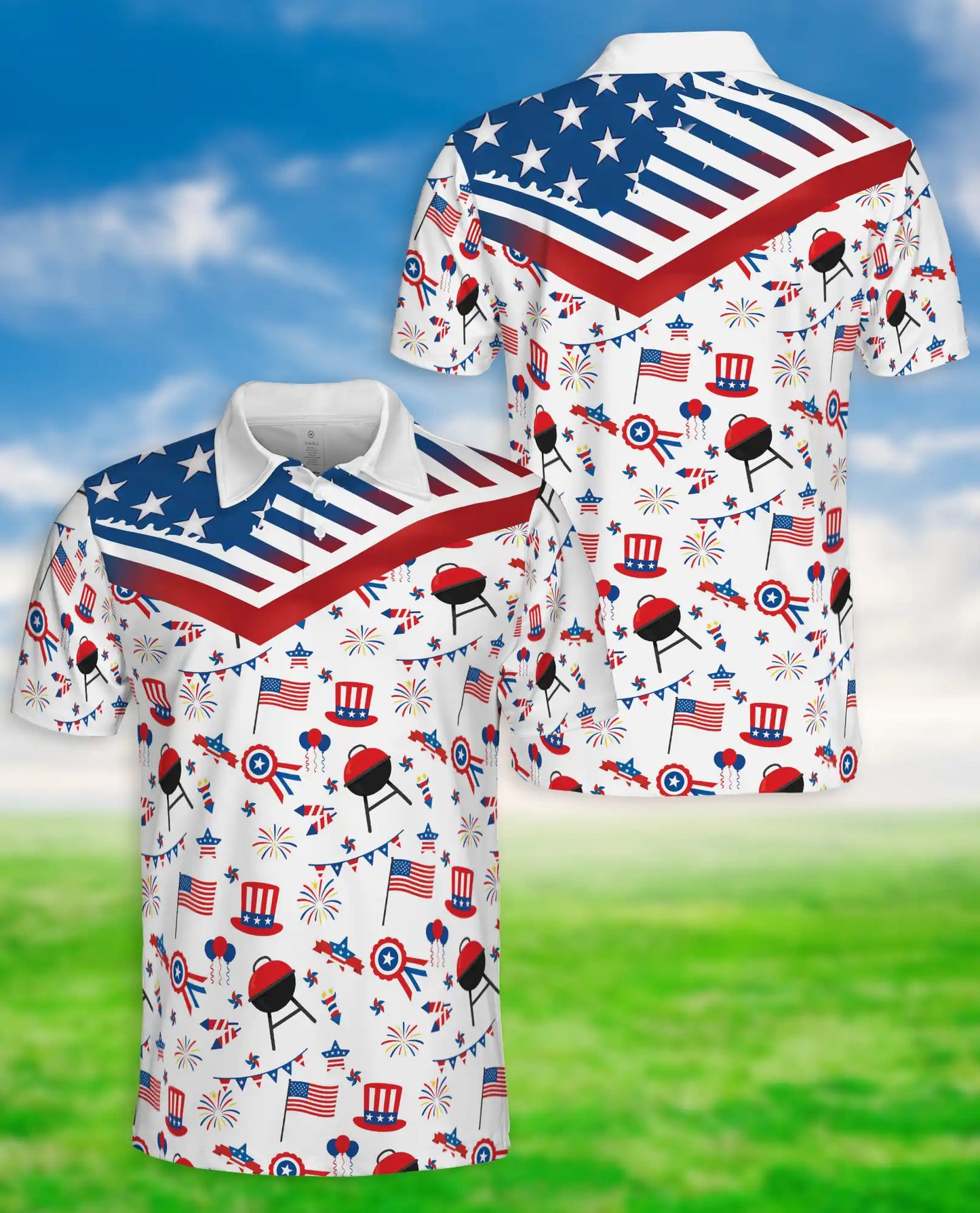 4th of July BBQ Hawaiian Polo Shirt for Men Patriotic American Flag Cookout Party Shirt | Netecom
