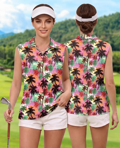 Colorful Sunset Palm Tree Sleeveless Polo Shirt for Women | Netecom