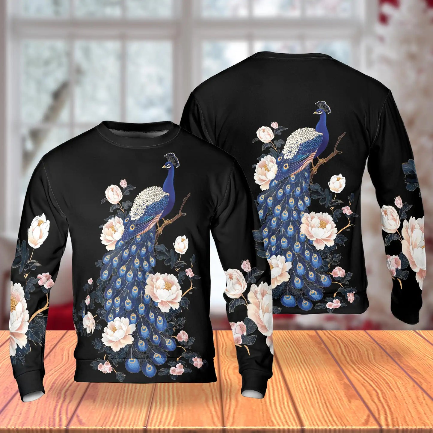 Peacock Peony Sweatshirt, 3D All Over Print Elegant Bird Floral Crewneck Pullover for Men Women, Peacock Lover Gift - Netecom