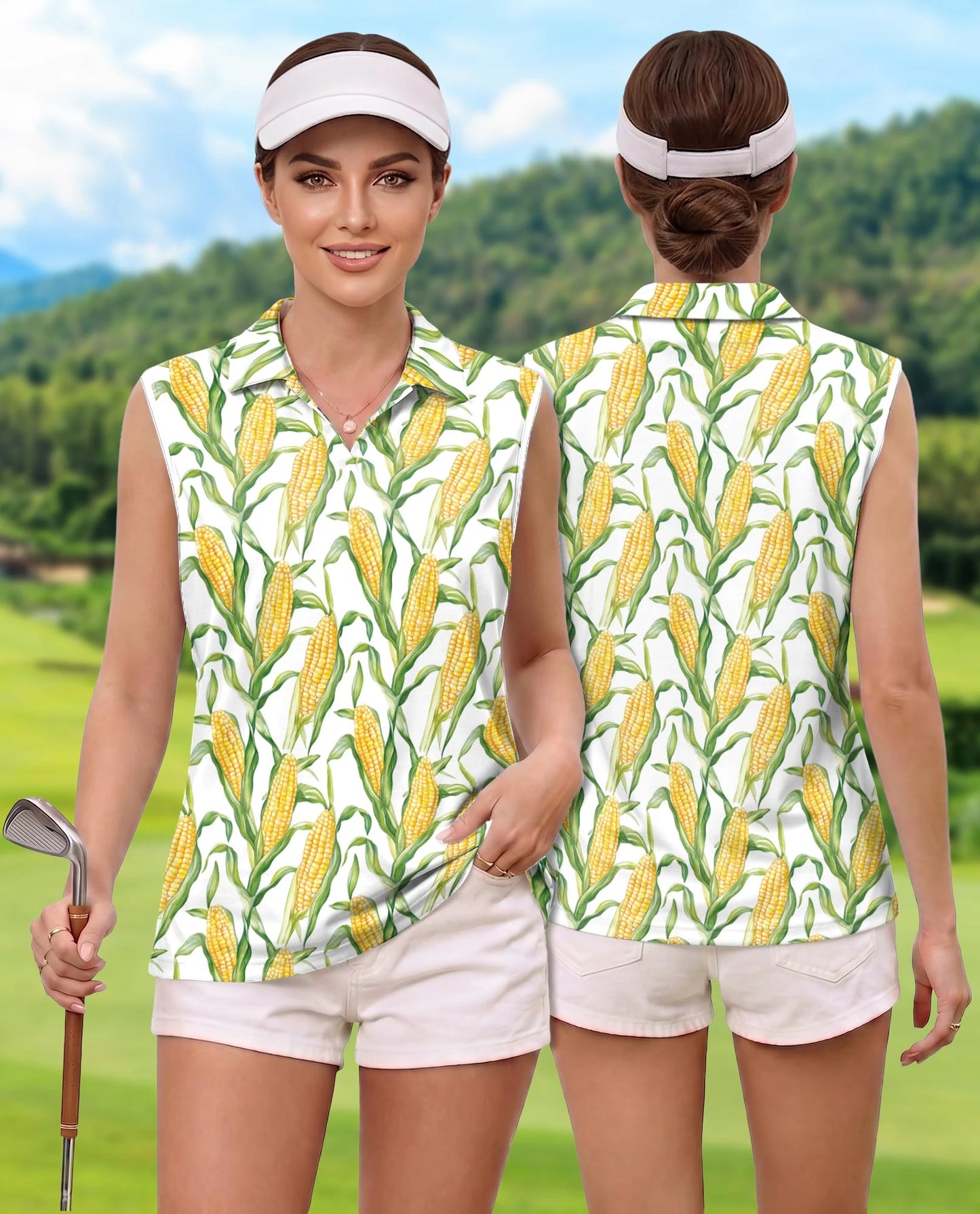 Fresh Corn Cob Pattern Sleeveless Polo Shirt for Women | Netecom