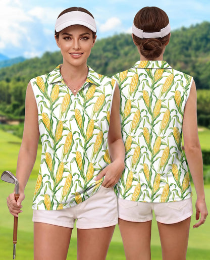 Fresh Corn Cob Pattern Sleeveless Polo Shirt for Women | Netecom