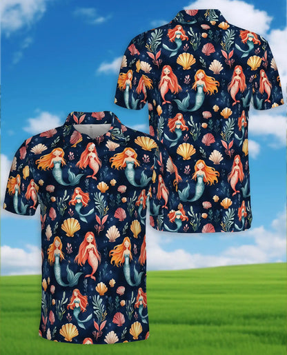 Cute Mermaid Polo Shirt - Ocean Seashell Fantasy Pattern | Netecom