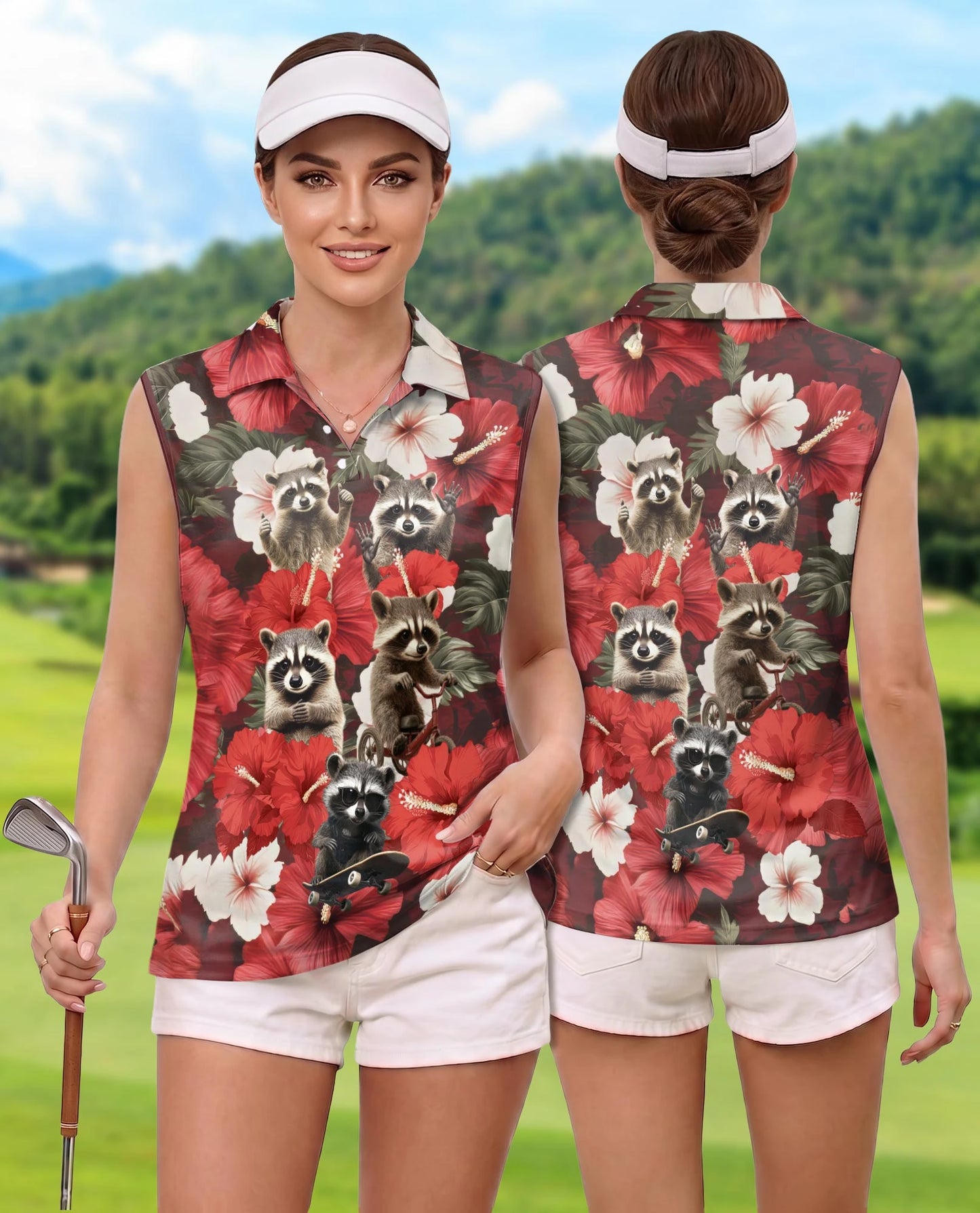 Tropical Hibiscus Raccoon Sleeveless Polo Shirt for Women | Netecom