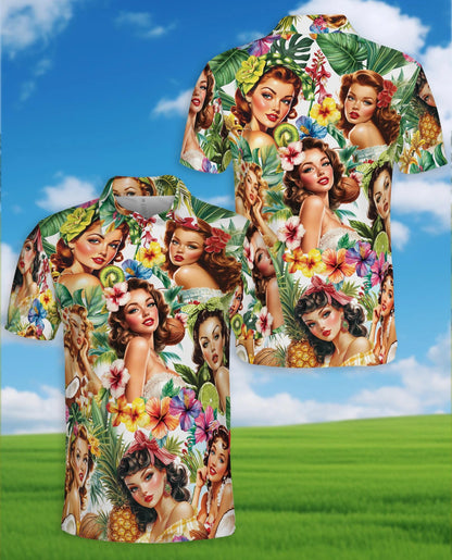 Tropical Pinup Girl Polo Shirt for Men – Retro Summer Beach Style | Netecom