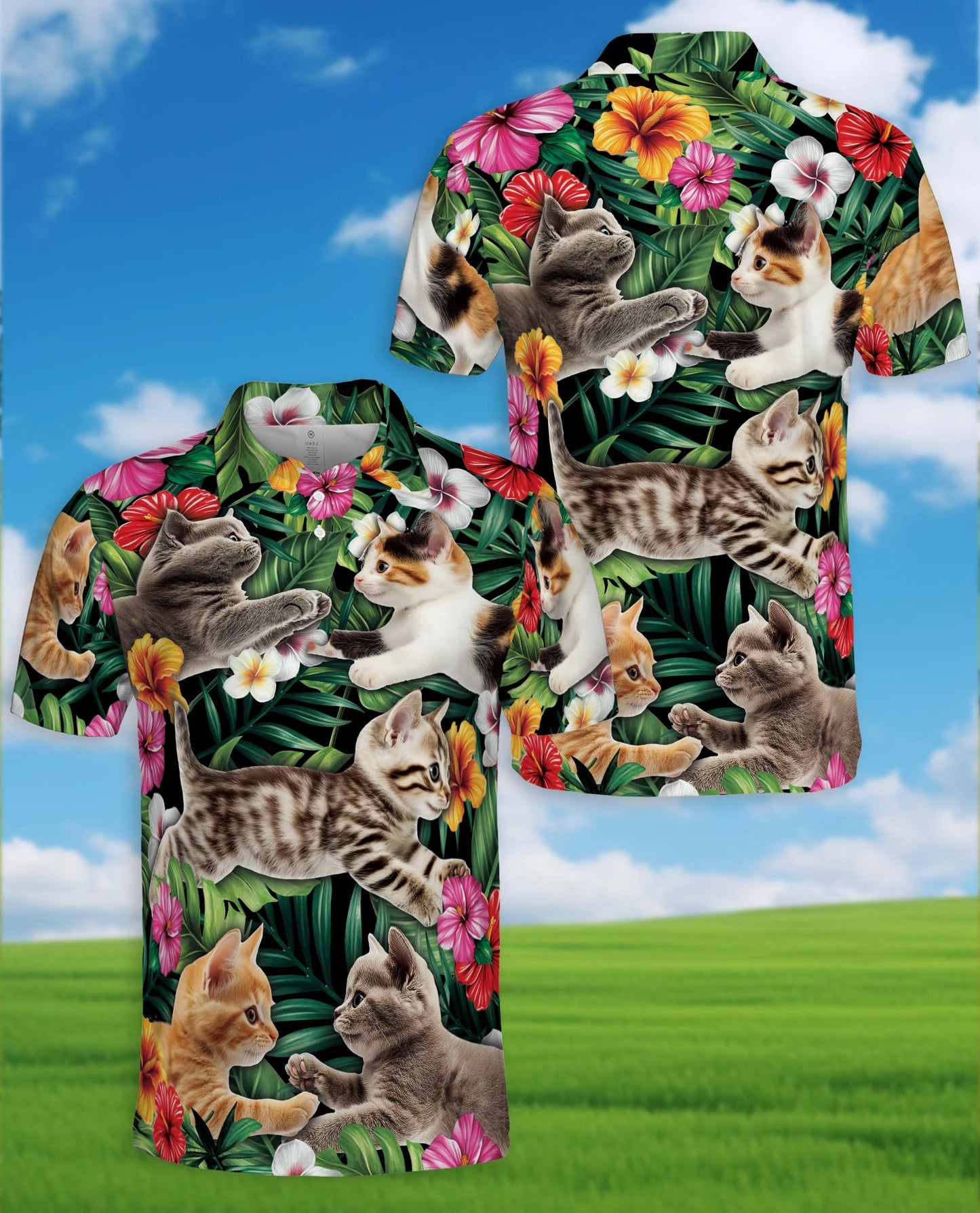 Cat Tropical Floral Polo Shirt for Men – Cute Animal Summer Style | Netecom
