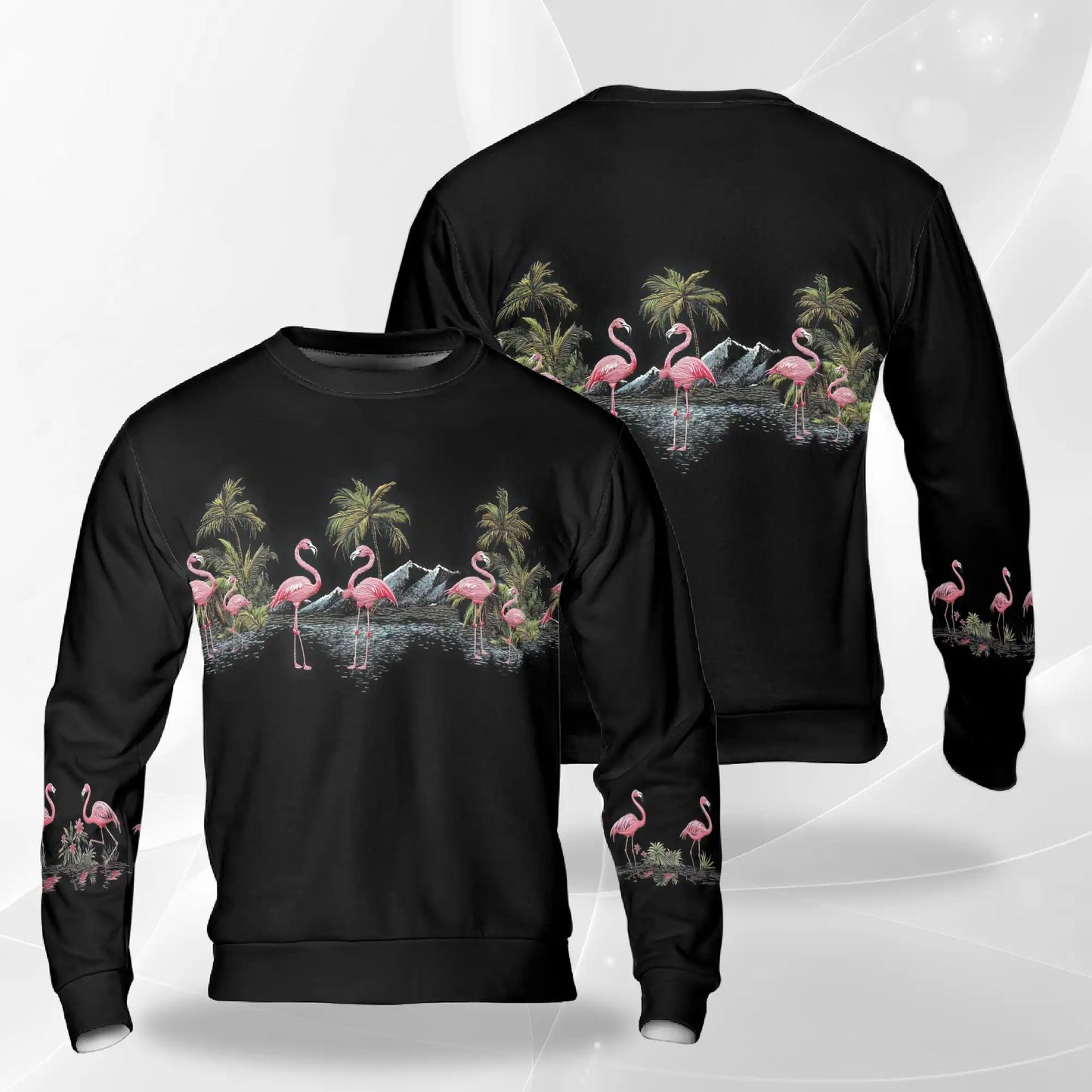 Flamingos Black Sweatshirt, 3D All Over Print Tropical Bird Crewneck Pullover for Men Women, Flamingo Lover Gift - Netecom