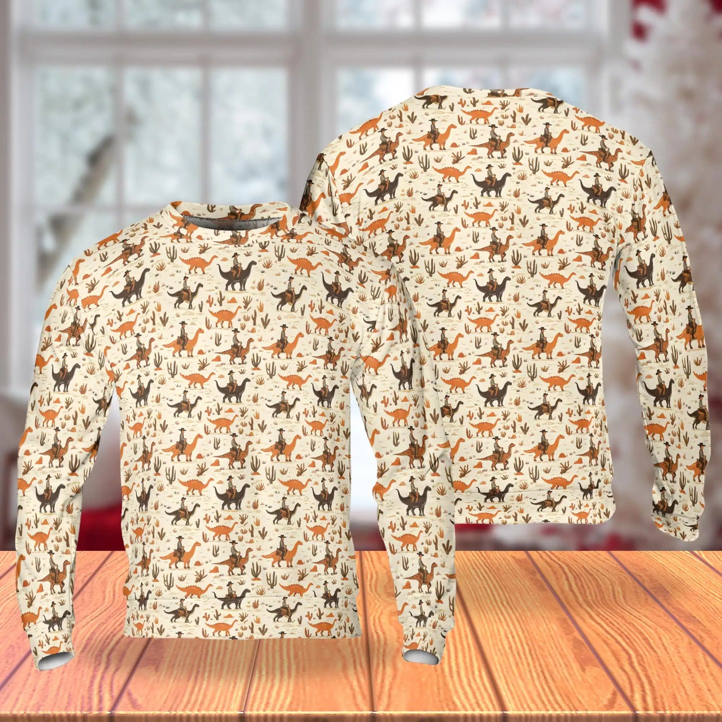 Cowboy Riding Dinosaur Sweatshirt, 3D All Over Print Western Prehistoric Crewneck Pullover for Men Women, Cowboy Lover Gift - Netecom