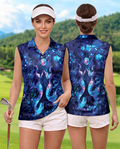 Black Floral Mermaid Sleeveless Polo Shirt for Women | Netecom