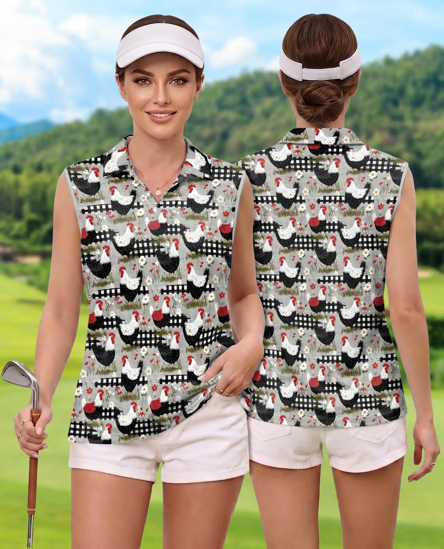 Chicken And Fence Sleeveless Polo Shirt for Women  | Netecom