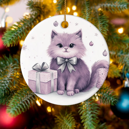 Netecom Cute Purple Cat Christmas Ornaments, Ceramic Kitten Keepsake Ornament for Christmas Tree Decorations, Cat Lover Gifts, Gifts for Holiday, Party, Home Decor
