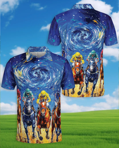 Horse Racing Starry Night Polo Shirt for Men – Artistic Equestrian Style | Netecom
