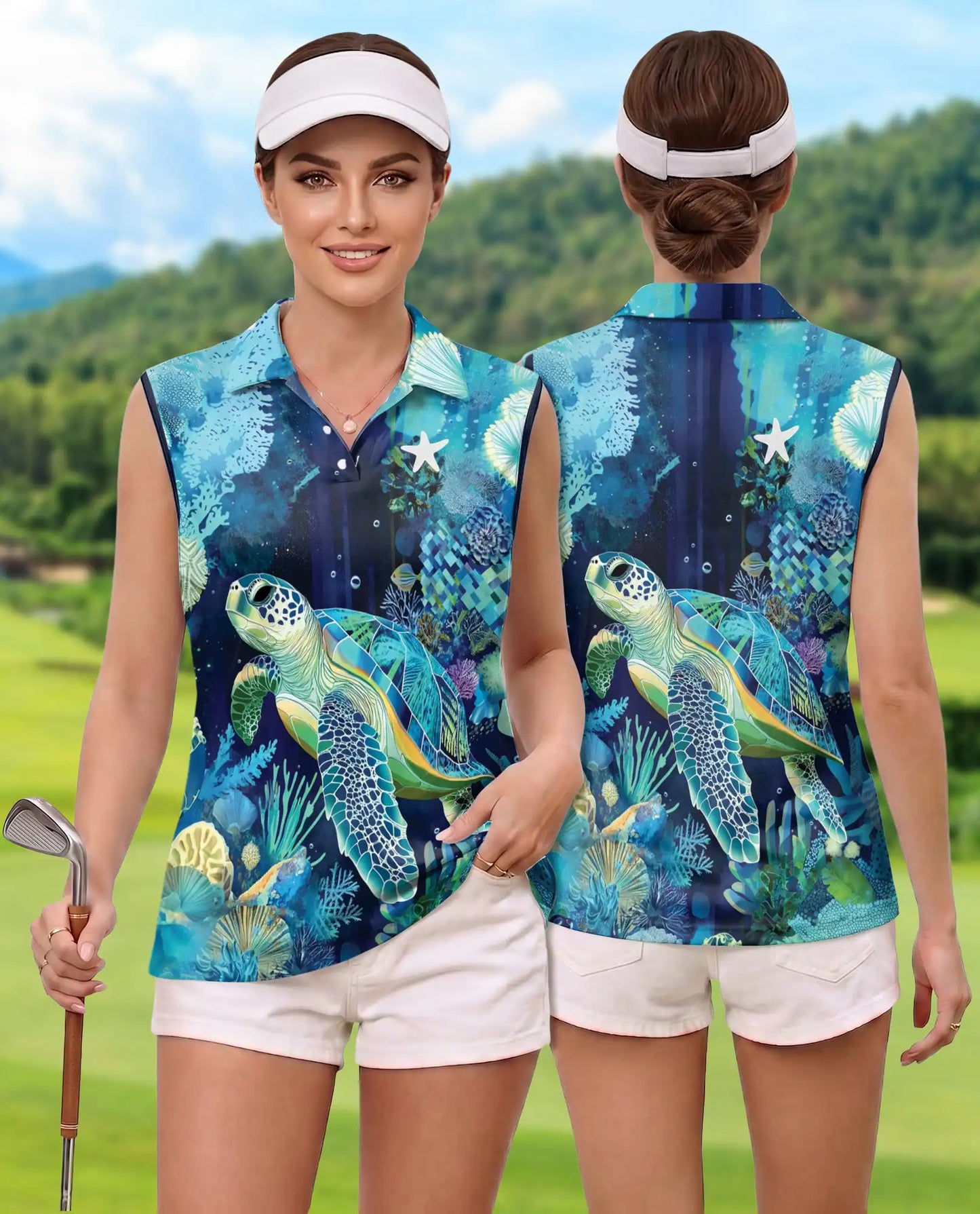 Coral Reef Turtle Pattern Sleeveless Polo Shirt for Women | Netecom