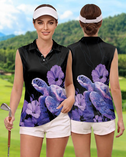 Purple Geometric Sea Turtle Sleeveless Polo Shirt for Women | Netecom