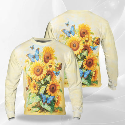 Sunflower Butterfly Sweatshirt, 3D All Over Print Floral Butterfly Crewneck Pullover for Men Women, Nature Lover Gift - Netecom