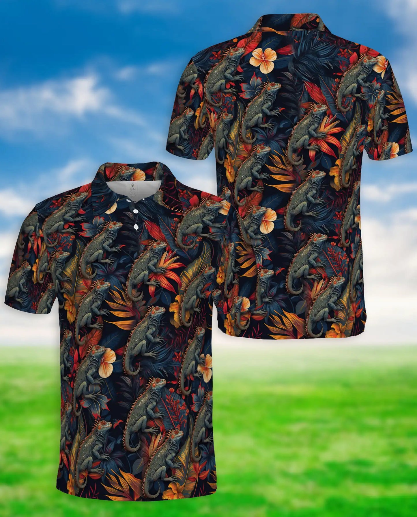 Iguana Tropical 3D Polo Shirt for Men – Reptile Jungle Floral Style | Netecom
