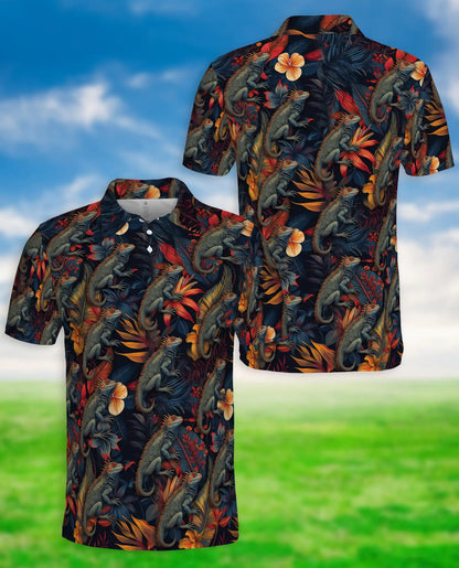 Iguana Tropical 3D Polo Shirt for Men – Reptile Jungle Floral Style | Netecom