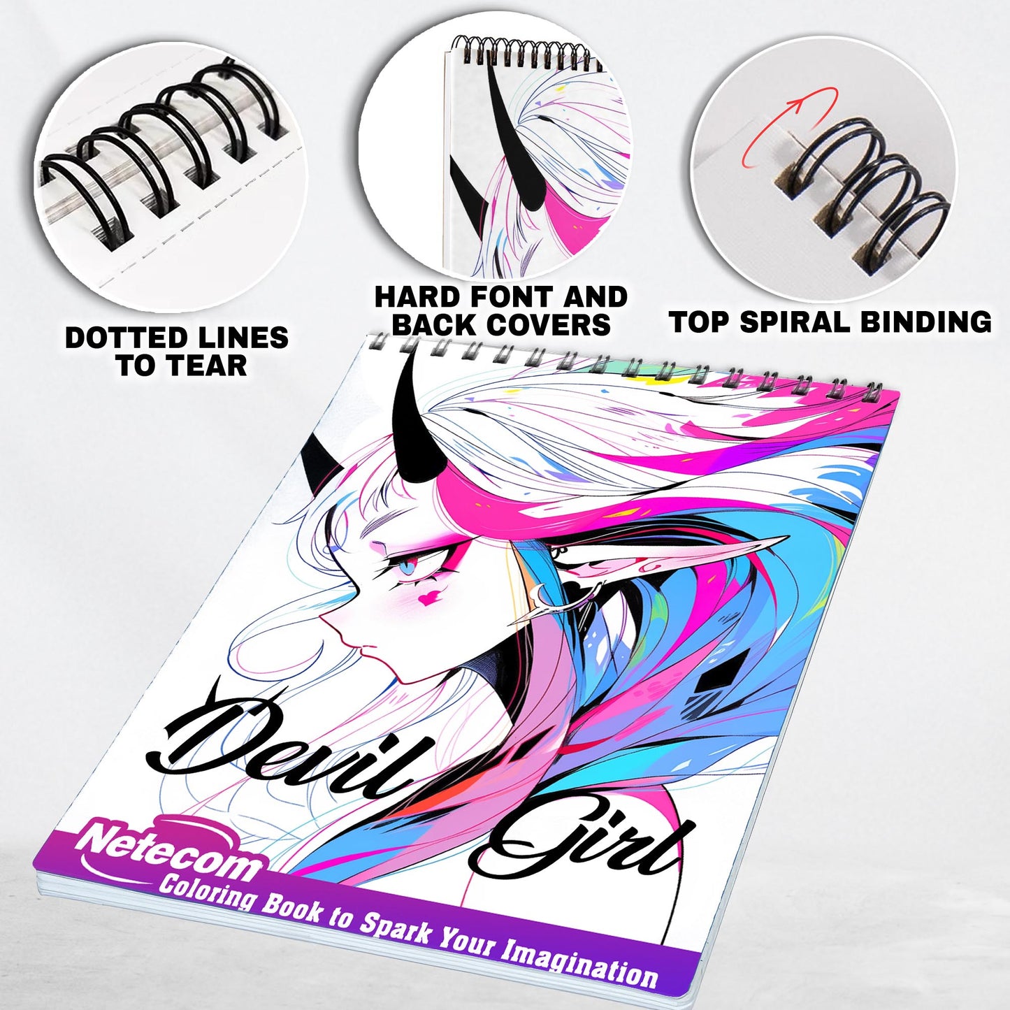 Devil Girl Spiral Bound Coloring Book, Dive into a World of Anime with 30 Mesmerizing Coloring Pages, featuring Devilish and Alluring Girls