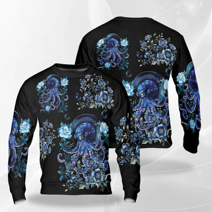 Octopus Flower Sweatshirt, 3D All Over Print Floral Ocean Crewneck Pullover for Men Women, Octopus Lover Gift - Netecom