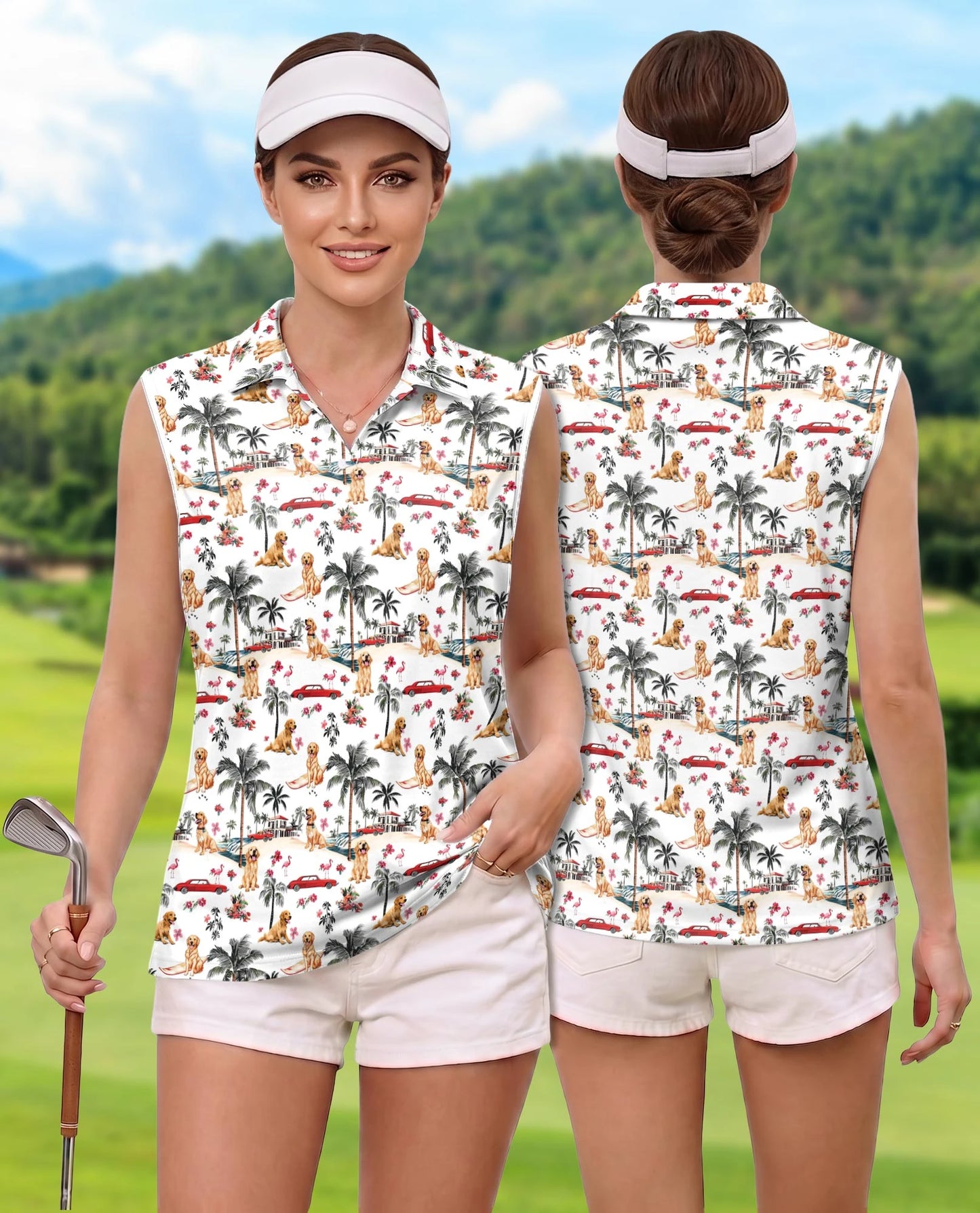 Tropical Dog and Flamingo Pattern Sleeveless Polo Shirt for Women | Netecom