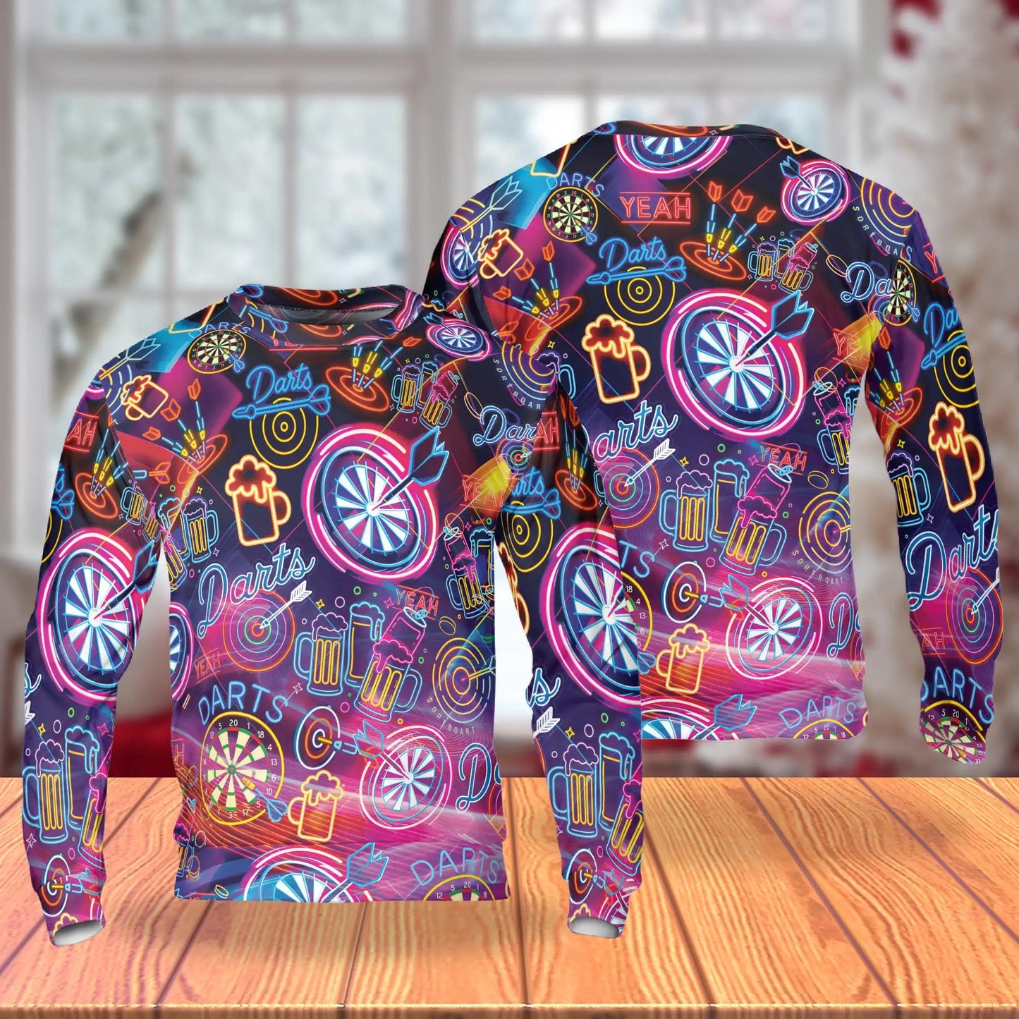 Colorful Darts Beer Neon Sweatshirt, 3D All Over Print Pub Game Crewneck Pullover for Men Women, Darts Lover Gift - Netecom