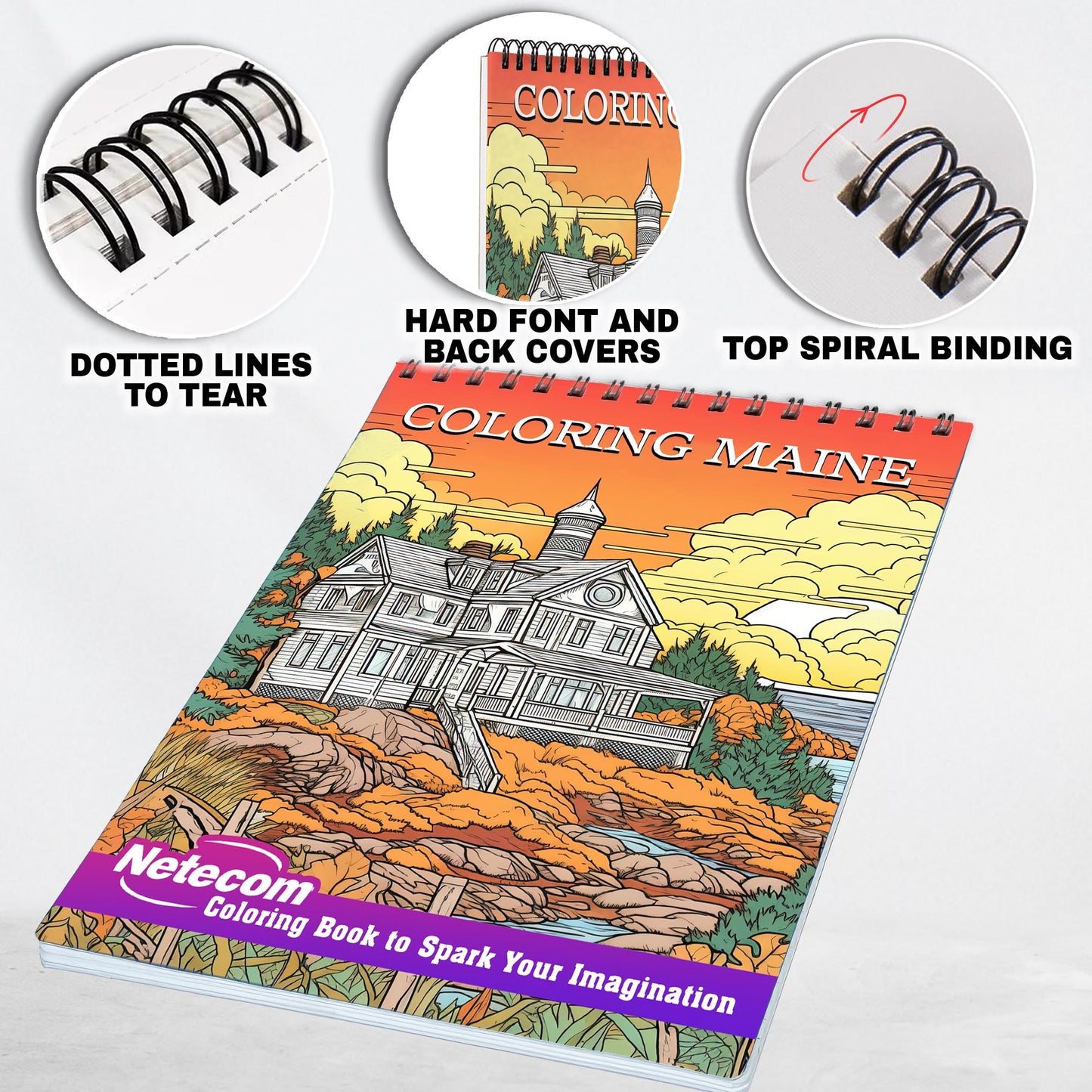 Coloring Maine Spiral Bound Coloring Book, Immerse Yourself in 30 Captivating Coloring Pages Showcasing the Unique Culture and Iconic Landmarks of Maine