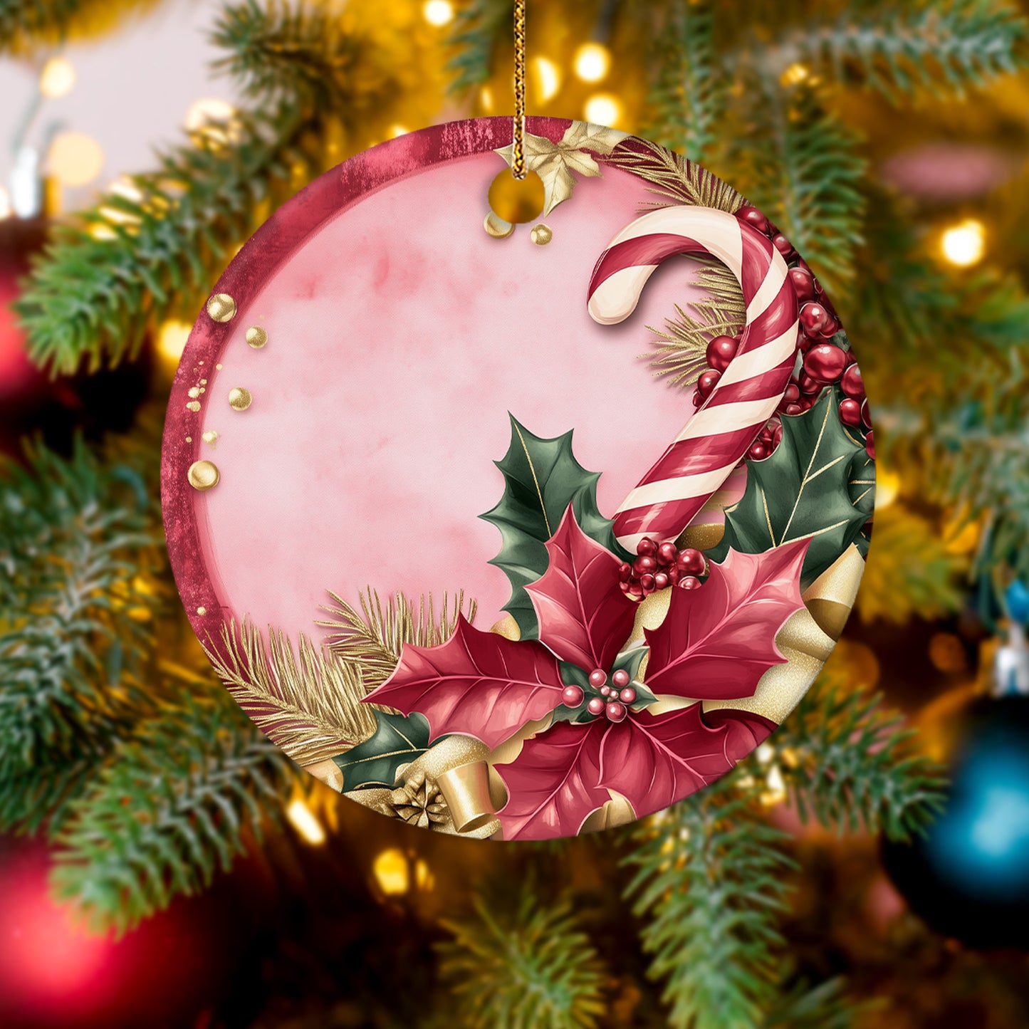 Netecom Elegant Pink Poinsettia and Holly Berries Leaves Christmas Ornament, Ceramic Candy Cane Keepsake Ornament for Xmas Tree Decorations, Gifts for Holiday, Party, Home Decor