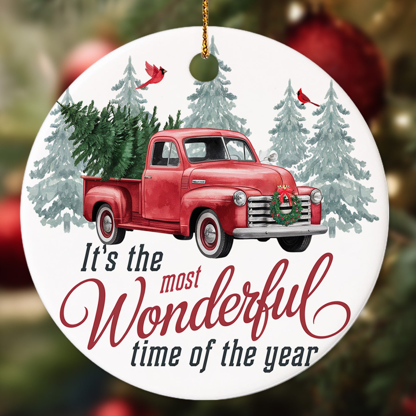 Netecom Funny Red Truck Christmas Tree Ornament, It’s the Most Wonderful Time of the Year Ceramic Ornament for Christmas Tree Hanging Decorations Gift, Truck Lover Gifts, Holiday Party Present
