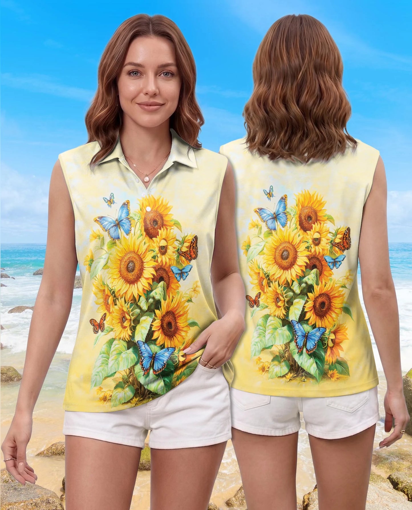 Sunflower Butterfly Sleeveless Polo Shirt for Women | Netecom